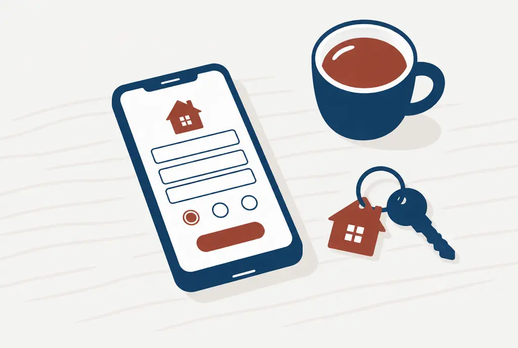 Illustration: Smartphone mit einem kurzen Formular zur Immobilie, daneben Kaffeetasse und Hausschlüssel