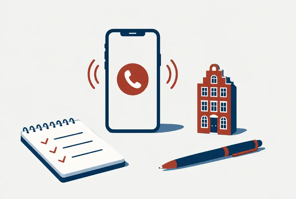 Illustration: klingelndes Smartphone, Notizblock mit abgehakter Liste, Stift und kleines Hamburger Backsteinhaus