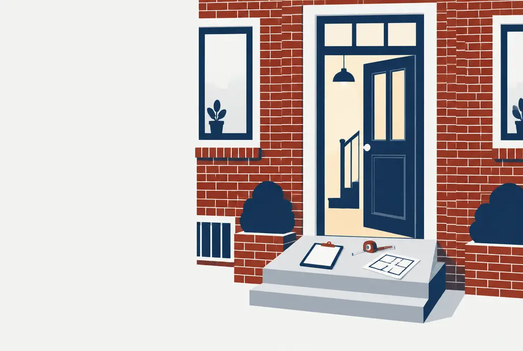Illustration: offene Haustür eines Hamburger Backsteinhauses, auf der Stufe Klemmbrett, Maßband und Grundriss