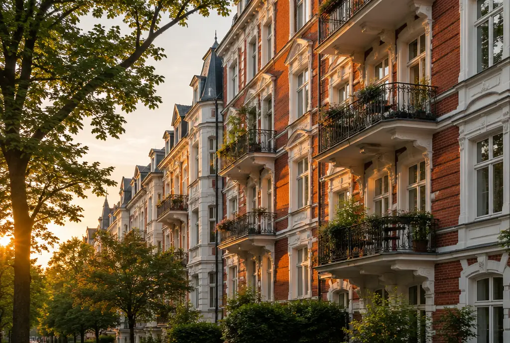 Hamburger Altbau-Wohnhaus mit Balkonen im Abendlicht, Eigentumswohnungen in Hamburg
