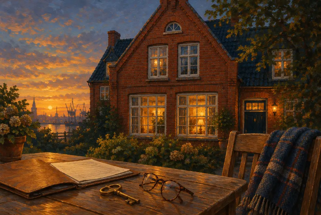 Haus mit Wohnrecht verkaufen in Hamburg: Backsteinhaus im Abendlicht, davor Mappe, Messingschlüssel und Lesebrille auf einem Holztisch