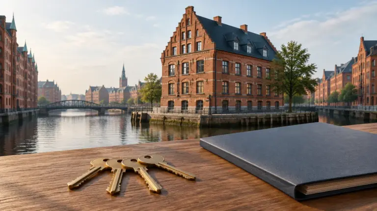 Haus verkaufen als Erbengemeinschaft in Hamburg: Backsteinhaus am Kanal, davor vier Messingschlüssel und eine Mappe