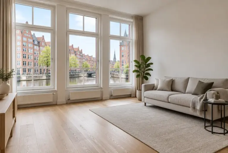 Home Staging beim Hausverkauf: helles, aufgeräumtes Wohnzimmer mit Sofa, Beistelltisch und Pflanze, vor dem Fenster Backsteinhäuser an einem Kanal