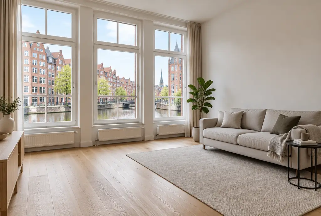 Home Staging beim Hausverkauf: helles, aufgeräumtes Wohnzimmer mit Sofa, Beistelltisch und Pflanze, vor dem Fenster Backsteinhäuser an einem Kanal