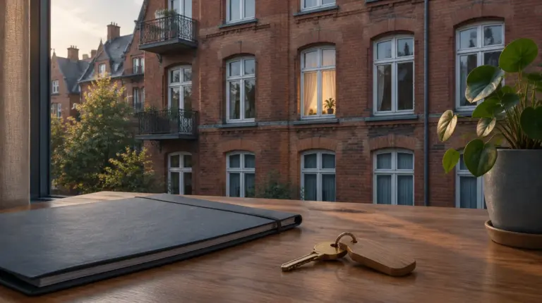Vermietete Wohnung verkaufen in Hamburg: Backsteinhaus mit bewohntem Fenster, davor Mappe und Wohnungsschlüssel auf einem Holztisch